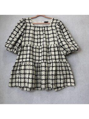 Sister Jane Dress Womens XL White Check Tweed Puff Sleeve Mini Trapeze